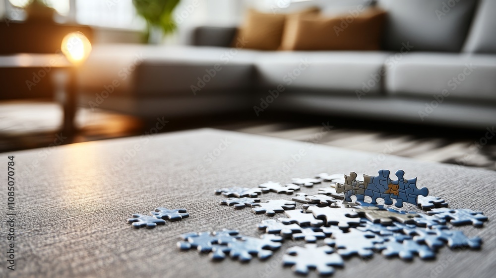 Aufkleber A tidy puzzle workspace with puzzle pieces and a partially completed puzzle neatly arranged on a table, A cozy room with soft ambient lighting and comfortable seating, Minimalist recreational style