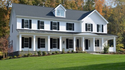 Fototapeta premium Modern farmhouse with black shutters on white siding, a bold and clean exterior design