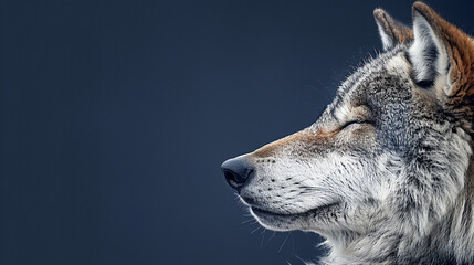Fototapeta premium Stunning Close-Up of a Majestic Wolf Relaxing in Profile with Soft Light and Dark Background, Emphasizing the Details of Its Fur and Features