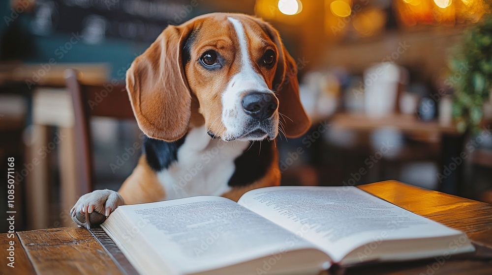 Fototapete Pet-friendly cafe scene showing a dog sitting next to owner at a table with comfortable seating and soft lighting with side empty space for text Stockphoto style