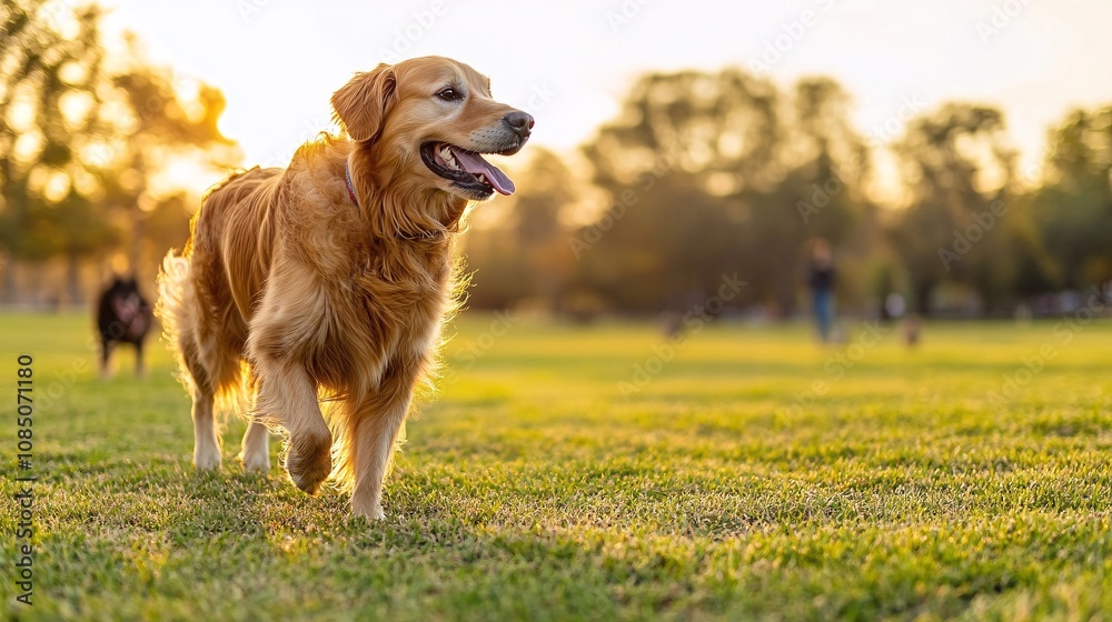 Poster Golden retriever playing in an open park area with other dogs and people around in a lively pet-friendly community setting with side empty space for text Stockphoto style