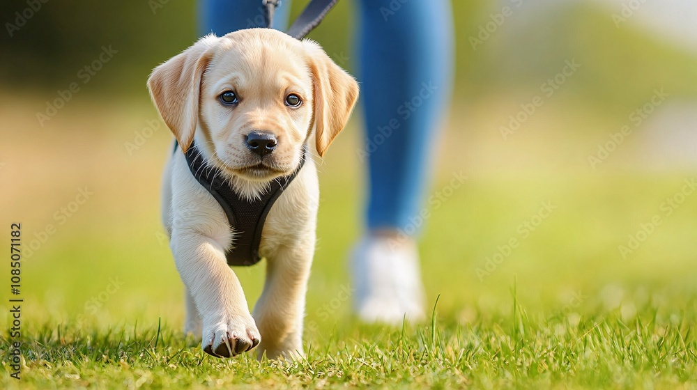 Poster cute puppy wearing a mini harness and walking calmly beside a trainer in a grassy area showcasing pe