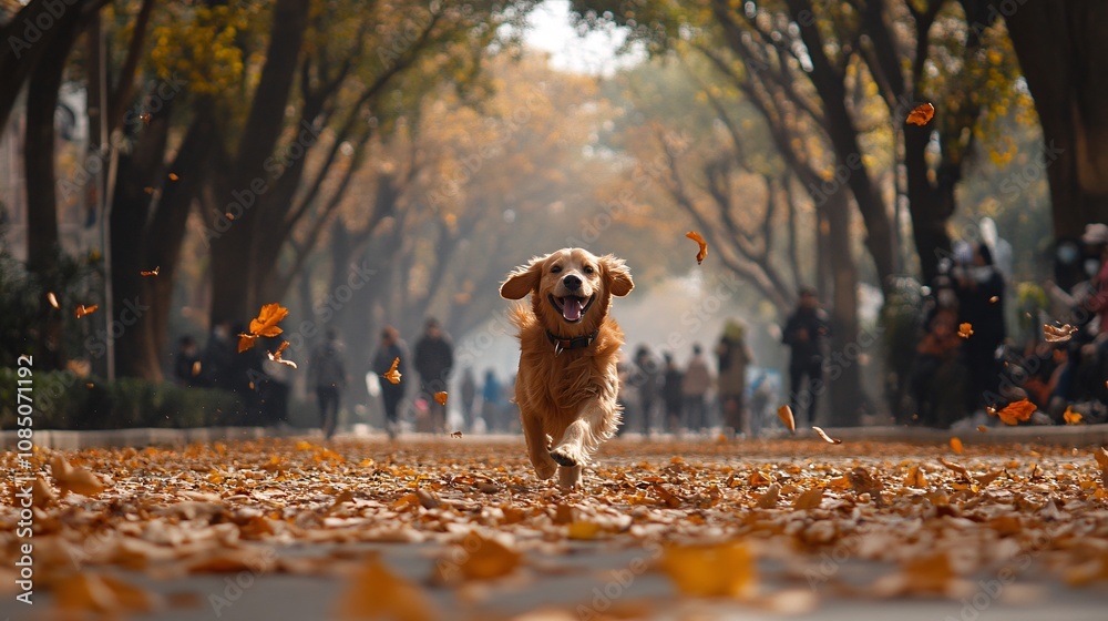 Poster golden retriever playing in an open park area with other dogs and people around in a lively pet-frie