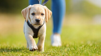 Cute puppy wearing a mini harness and walking calmly beside a trainer in a grassy area showcasing pet training services with side empty space for text Stockphoto style