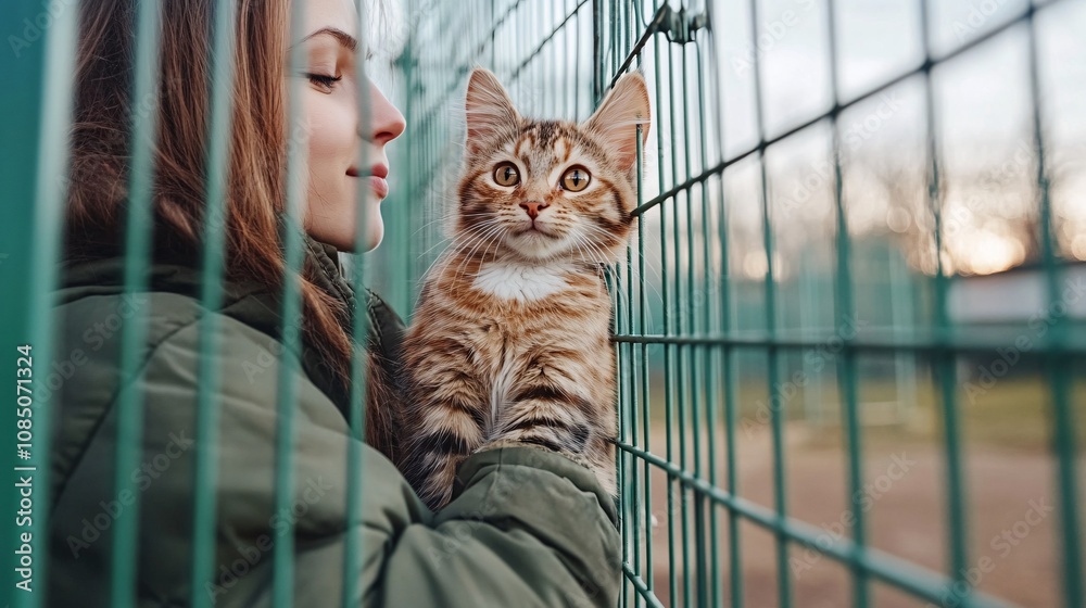 Aufkleber adopted kitten nestled in volunteers arms at an animal shelter radiating warmth and compassion with 