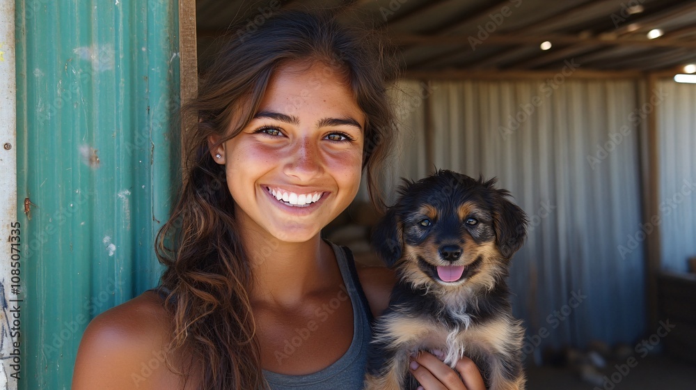 Poster volunteer gently holding a puppy with a big smile in a pet adoption event capturing the joy of pet r