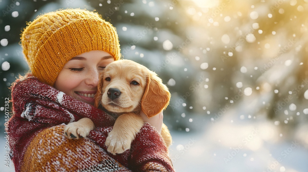 Aufkleber Volunteer gently holding a puppy with a big smile in a pet adoption event capturing the joy of pet rescue with side empty space for text Stockphoto style