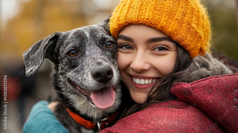 Poster excited new pet owner hugging a rescue dog in a bright adoption center celebrating new beginnings wi
