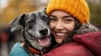 Excited new pet owner hugging a rescue dog in a bright adoption center celebrating new beginnings with side empty space for text Stockphoto style