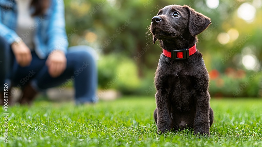 Aufkleber pet trainer guiding a young puppy through obedience commands on a soft, grassy field highlighting pe