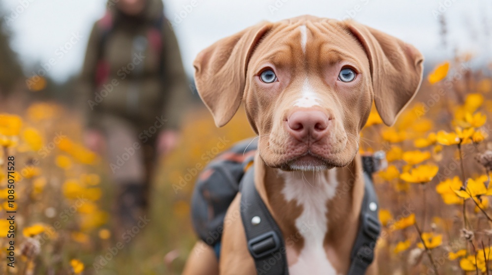 Aufkleber pet trainer guiding a young puppy through obedience commands on a soft, grassy field highlighting pe