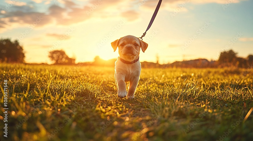 Poster Pet trainer guiding a young puppy through obedience commands on a soft, grassy field highlighting pet training support with side empty space for text Stockphoto style