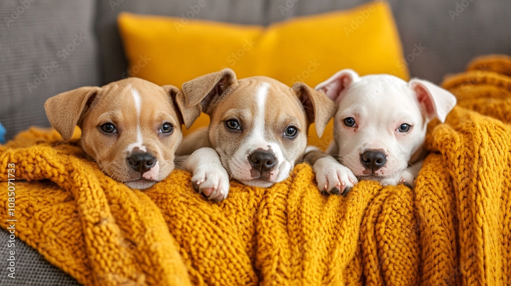 Poster group of playful puppies enjoying a doggy daycare facility with colorful toys and comfortable loungi
