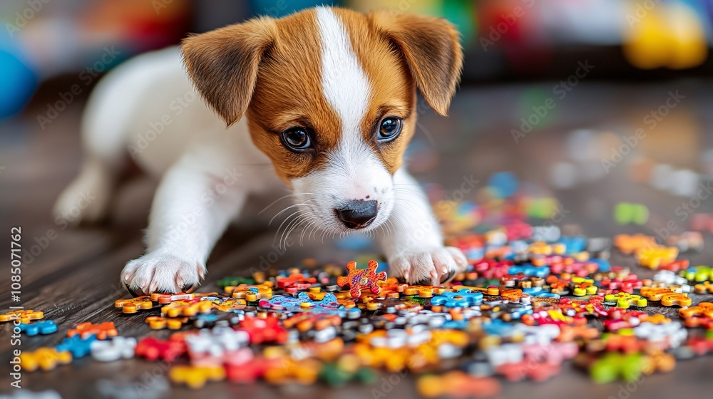 Poster Young dog playing with a puzzle feeder on a wooden floor highlighting pet enrichment and interactive products with side empty space for text Stockphoto style
