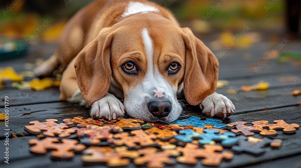 Poster young dog playing with a puzzle feeder on a wooden floor highlighting pet enrichment and interactive