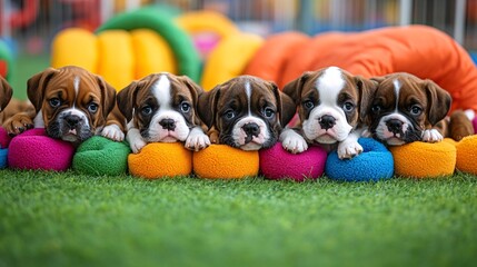 Group of playful puppies enjoying a doggy daycare facility with colorful toys and comfortable lounging areas representing pet care services with side empty space for text Stockphoto style
