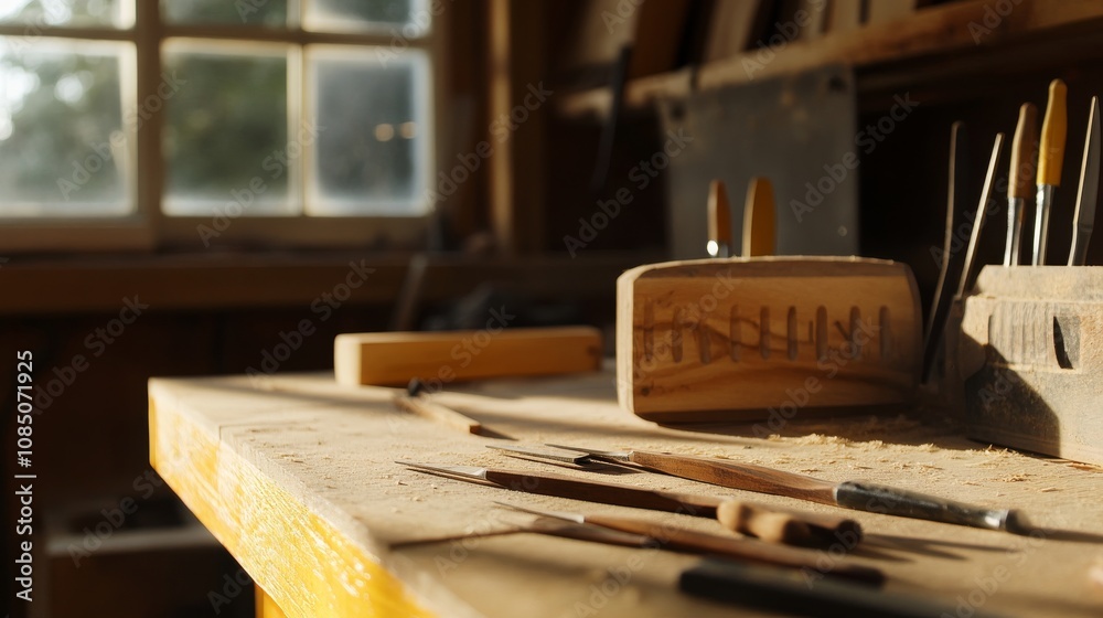 Poster a tidy wood carving bench with chisels and a block of wood neatly set up, a well-lit workshop with c