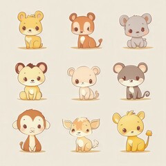 Fototapeta premium Adorable collection of nine cute cartoon baby animals, perfect for children's books, cards, or prints. Each animal is uniquely charming and features soft pastel colors.