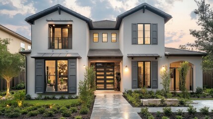 Fototapeta premium Stylish gray house with matching gray shutters, creating a monochrome and modern look