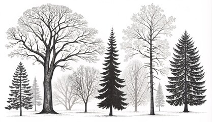 Intricate Tree Silhouettes, A High Contrast Pen & Ink Study of Forest Diversity and Anatomy V1