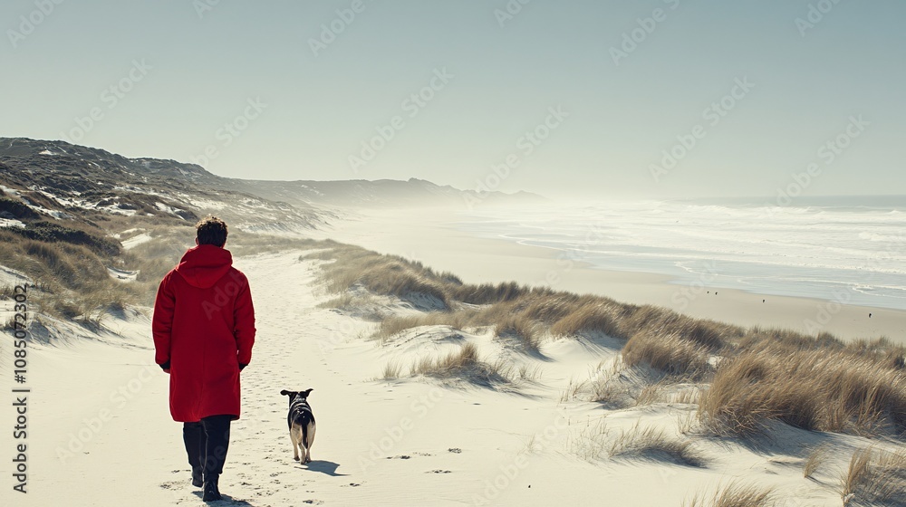 Poster owner and dog enjoying a stroll at a pet-friendly beach showing a joyful outdoor experience with sid