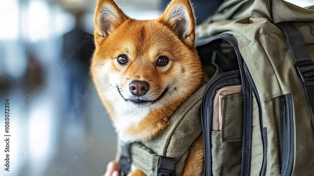Poster pet carrier with a cute puppy peeking out as owner prepares for travel showing practical pet product