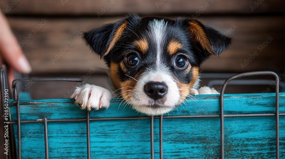 Aufkleber pet carrier with a cute puppy peeking out as owner prepares for travel showing practical pet product