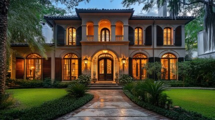 Fototapeta premium Traditional house with arched shutters in warm wood tones, adding classic elegance