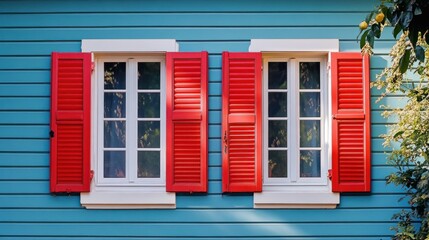 Fototapeta premium Vintage cottage with red shutters on windows, creating a nostalgic and colorful look