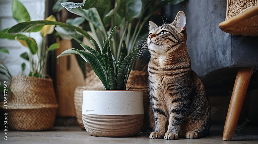 Poster cat sitting next to an eco-friendly litter box in a minimalist home setting highlighting sustainable