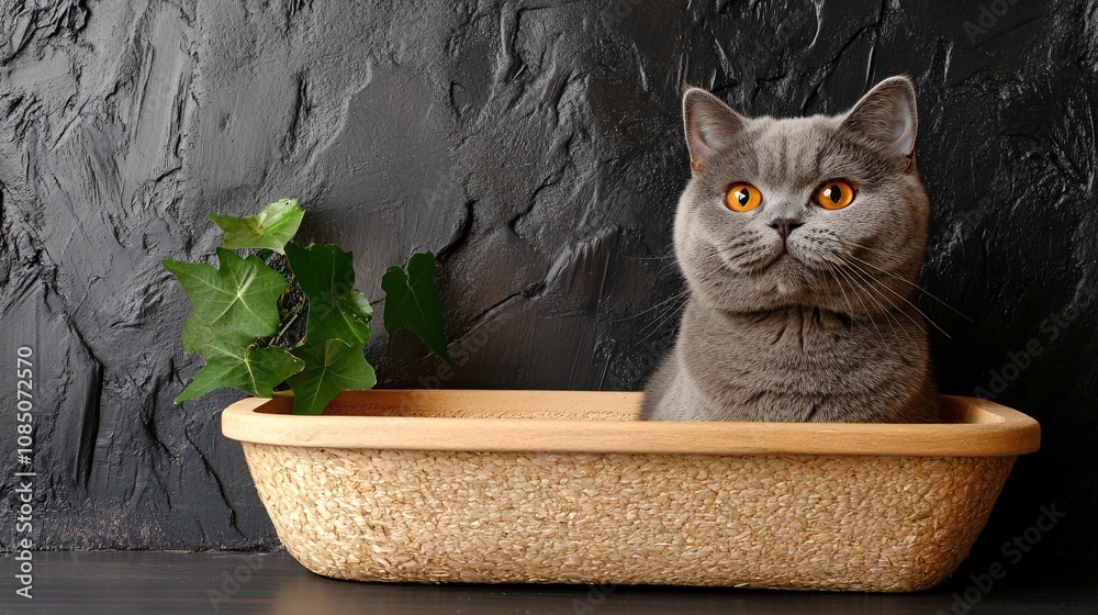 Poster cat sitting next to an eco-friendly litter box in a minimalist home setting highlighting sustainable