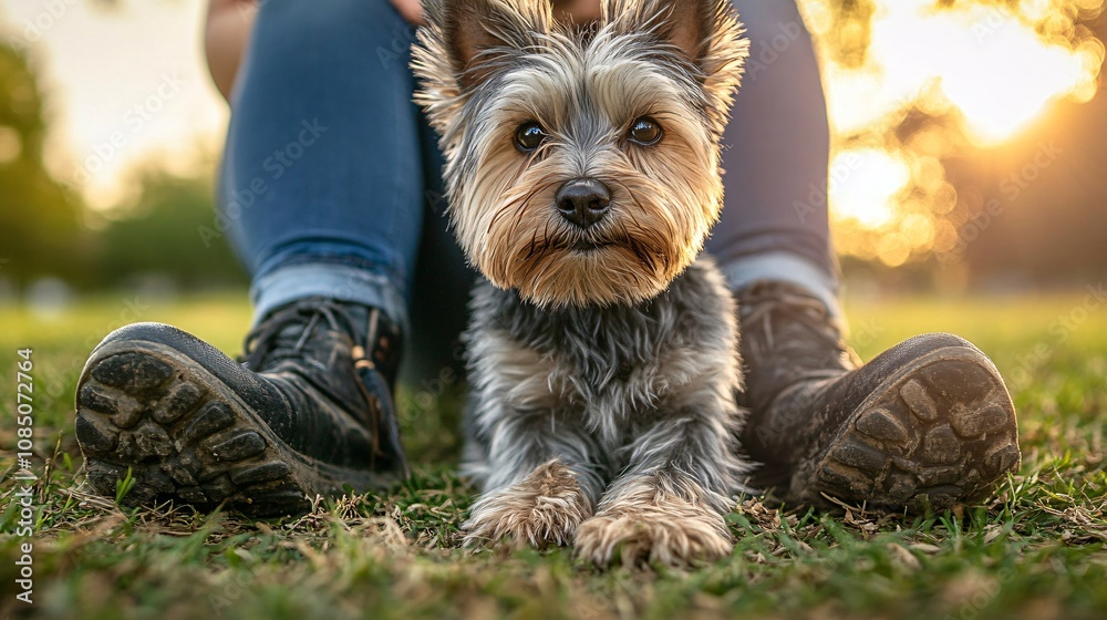 Fototapete Pet trainer guiding a puppy to follow commands in a peaceful park setting showing patient and effective training with side empty space for text Stockphoto style