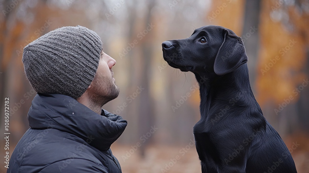 Leinwandbilder Pet trainer guiding a puppy to follow commands in a peaceful park setting showing patient and effective training with side empty space for text Stockphoto style