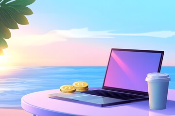 A laptop on the table with an online store, next to it is Bitcoin coins in a cartoon style, against the background of a sea beach