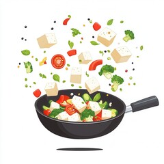 Colorful stir-fry with vegetables and tofu in a frying pan. isolated white background