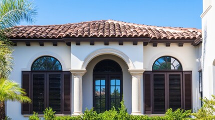 Window with arched shutters on a Mediterranean-style home, adding elegance to the design