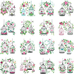 Fototapeta premium Bird Cages with Floral Decorations and Birds, Hanging Birdcages with Flowers and Leaves, Ornate Aviary Designs