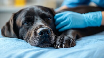 Friendly groomer trimming a dogs nails in a bright, clean salon environment showing professional pet care with side empty space for text Stockphoto style
