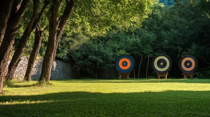 Fototapeta premium A tranquil archery range amidst serene natural surroundings, Archery gear elegantly displayed, Outdoor sporting style
