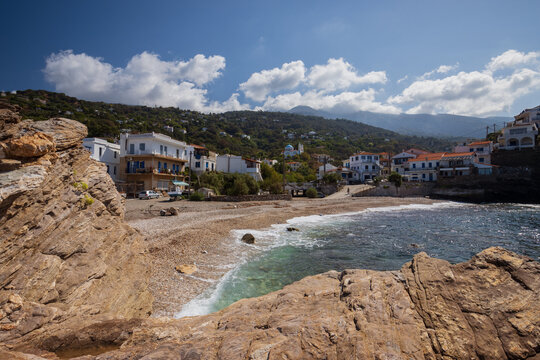 Coastal village Karavostamo with beautiful mauntain scenery on the remote Greek Island of Ikaria.
