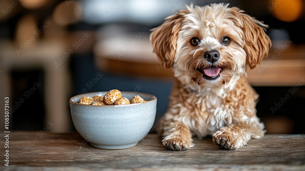Poster pet-friendly cafe interior with a happy dog sitting beside owner enjoying treats in a relaxed settin