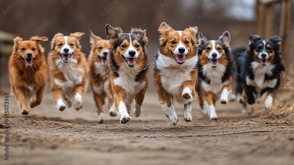 Poster Group of friendly dogs running and playing in a large, fenced pet park capturing social pet activities with side empty space for text Stockphoto style