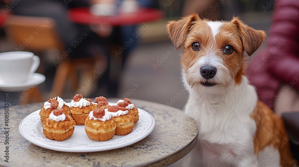Poster pet-friendly cafe interior with a happy dog sitting beside owner enjoying treats in a relaxed settin