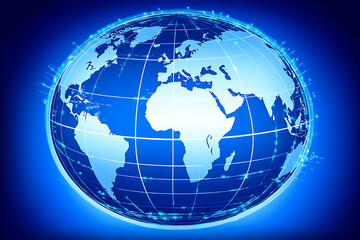 Fototapeta premium A digital globe illustration highlighting continents with a blue background and grid lines.