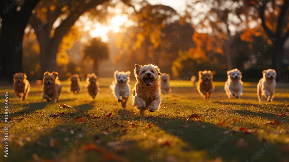 Poster Group of friendly dogs running and playing in a large, fenced pet park capturing social pet activities with side empty space for text Stockphoto style
