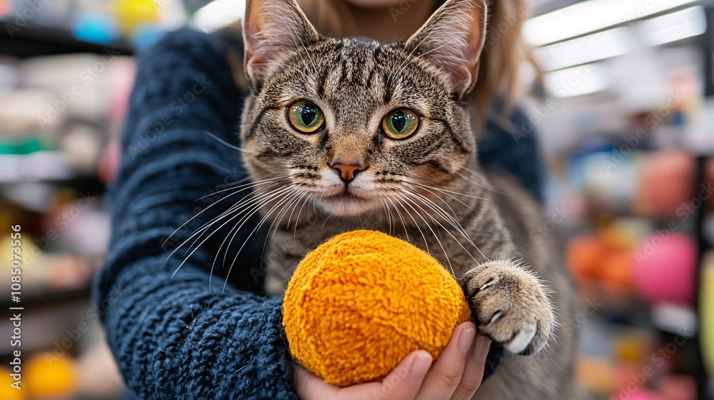 Aufkleber pet owner exploring colorful pet toys with their curious cat in a store showcasing premium pet produ