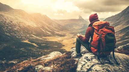 Fototapeta premium Adventurer enjoying a scenic mountain view.