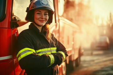 Confident Female Firefighter Standing Proudly by Fire Truck at Sunset, Showcasing Bravery and Dedication to Public Safety and Emergency Response.