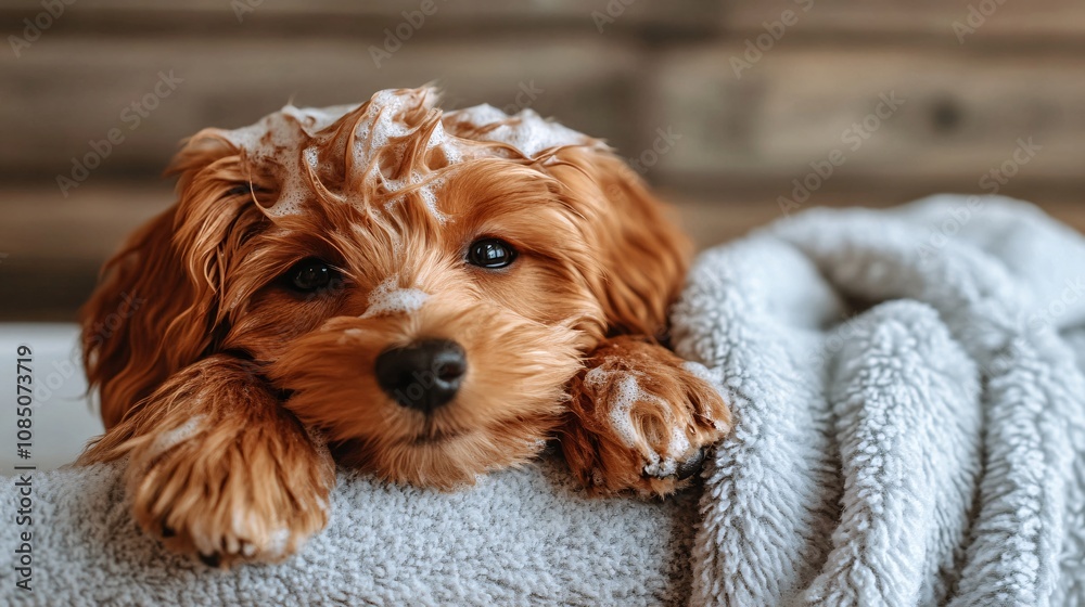 Poster dog enjoying bath time with gentle pet shampoo foaming in a clean, modern grooming area showing pet 