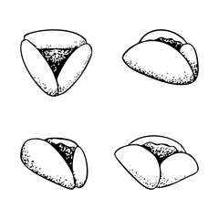 Purim Hamantaschen cookies black and white vector illustration. Traditional Jewish triangle cookies Oznei Haman for holiday party. Hand drawn ink sketch